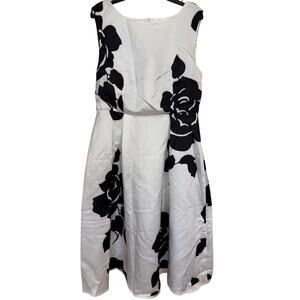 NWT Womens Lg Midi Dress Aline Fit & Flare Black White Floral Church Cocktail
